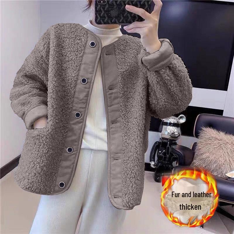 Women's Korean-Style Lambswool Plush Coat - 2025 Autumn/Winter Casual Loose Fit Baseball Jacket