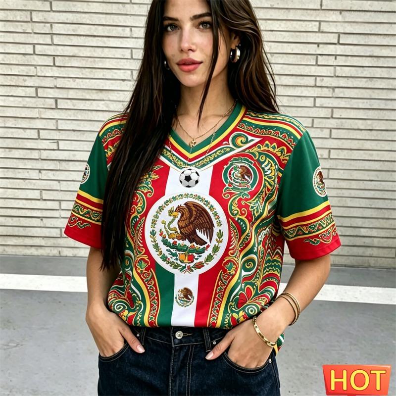 Maglia estiva da donna con scollo a V maglia maglia da calcio Messico T-shirt sportiva traspirante da donna poliestere T-shirt traspirante maglia 2026 top