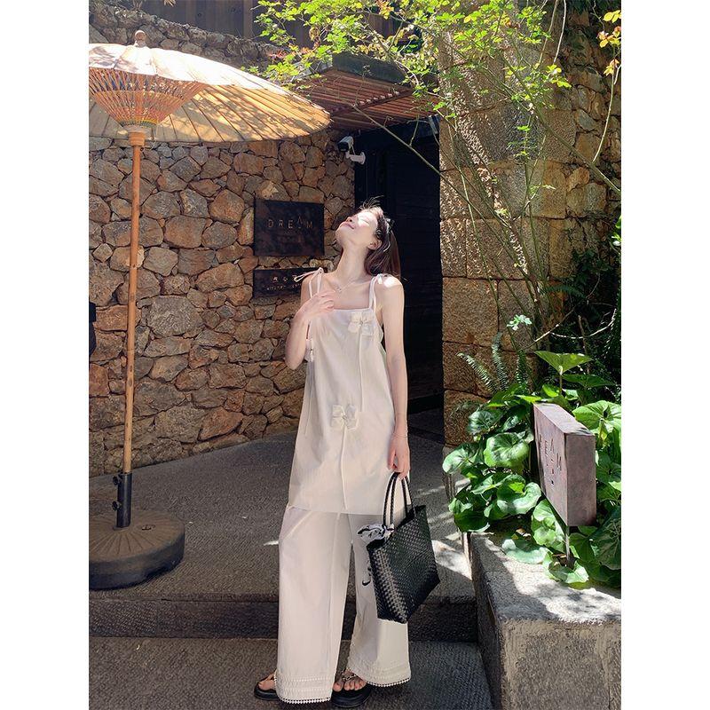 Kumikumi Gentle Casual Set Mid-Length Cami Women Summer High Waist Loose Straight Pants Two-piece Set