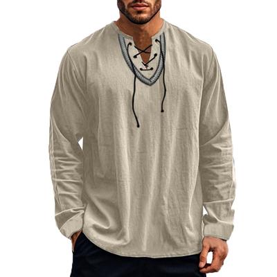 Mens Long Sleeve Pirate Henley Collar Shirts Drawstring Cotton Linen Lace Up V Neck Shirts Hippie Beach Spring Summer Tops