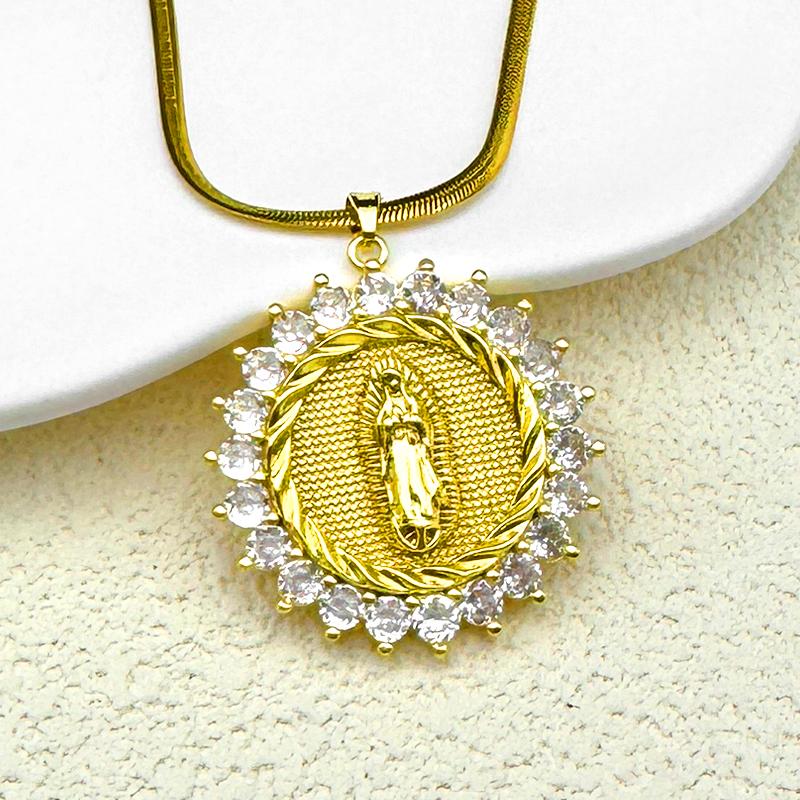 Virgin Mary Religious Zircon Copper Pendant Necklace For Women Men Stainless Steel Gold Color Female Charm Snake Chain Jewelry