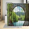 Chinese Style Shower Curtain Vintage Wood Board Garden Building Green Plant Floral Pattern Bathroom Decor Bath Curtain with Hook