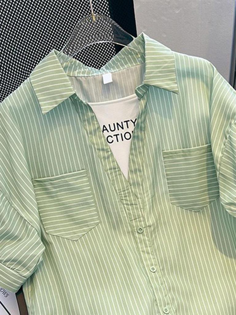 New Striped Two-in-One Short-Sleeve Cotton Shirt with Lapel - Summer Design