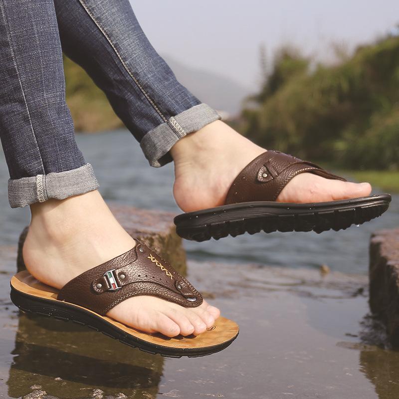 New Men Slippers Summer Flip Flops The First Layer Cow Leather Flat Heel Casual Mulers Clogs Beach Shoes High Quality Sandals