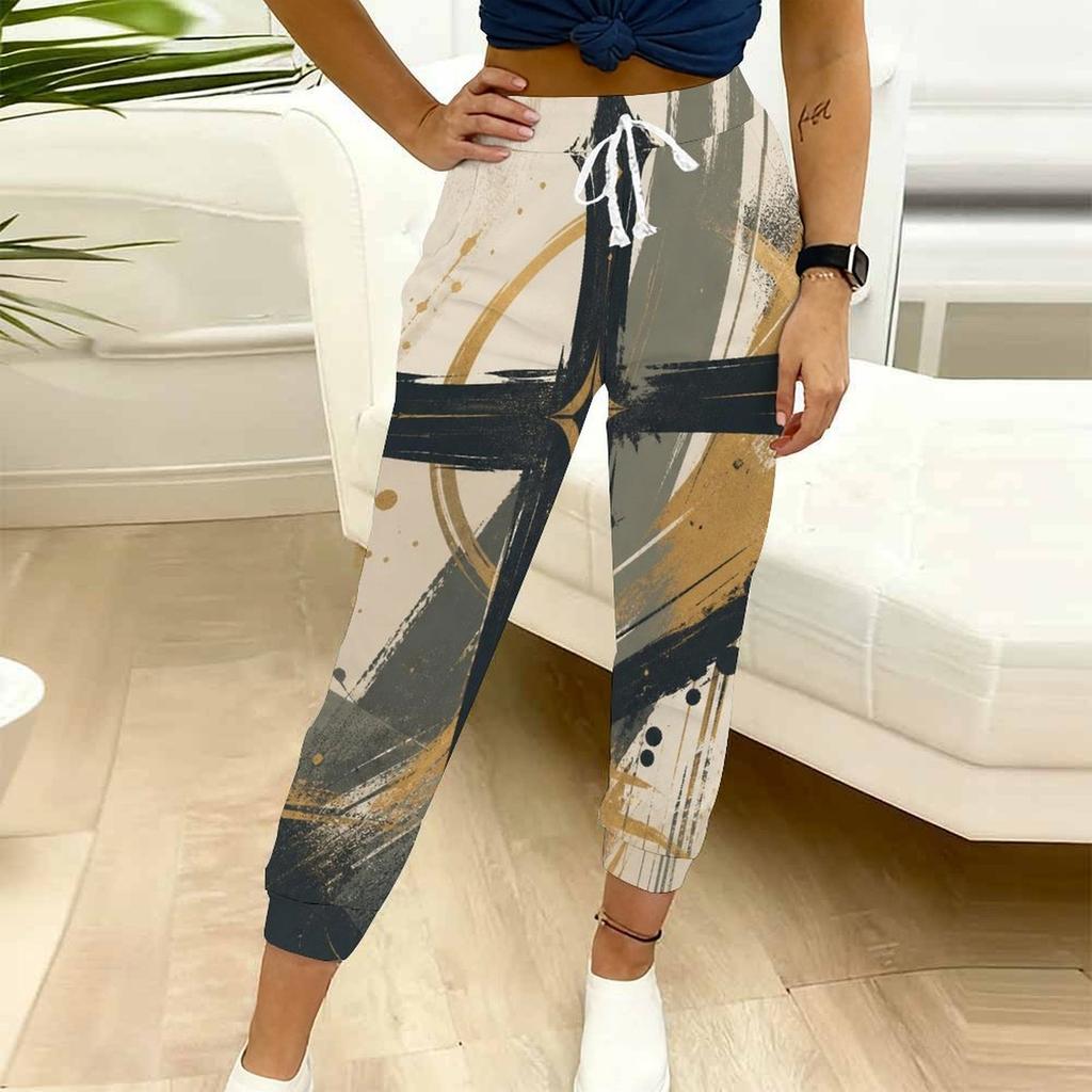 Women Plus Size Printed Jogger Pants Dark Navy Gold Pattern Drawstring Waist Side Pockets Cuffed Ankle