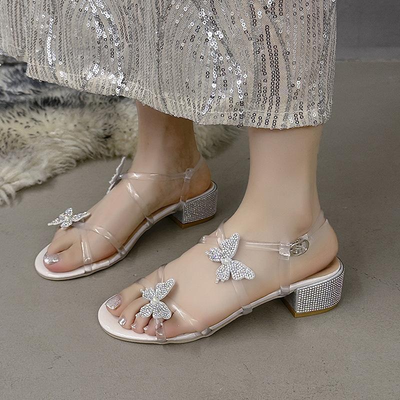 High heels female summer 2025 new fairy wind rhinestone bow round head open toe thick heel versatile sandals female