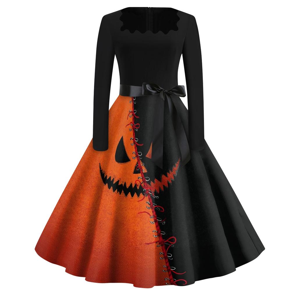 Women's Casual Vintage Halloween Dress Long Sleeve Square Neck Fit and Flare Midi Dress with Printed Skirt and Waist Tie