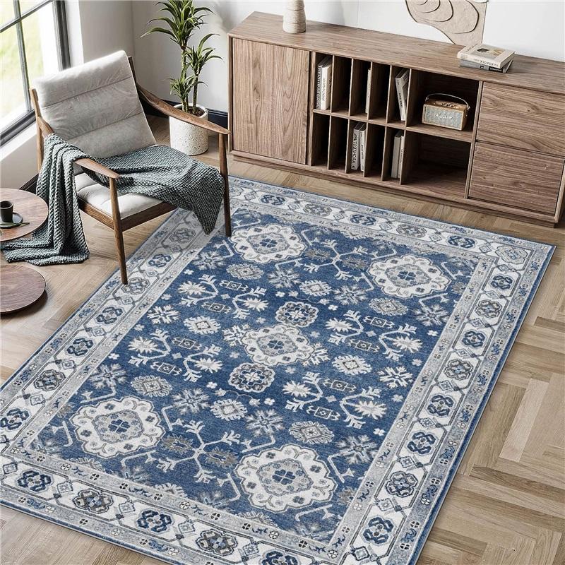 Bohemian Vintage Area Rug Washable Soft Ethnic Style Floor Carpet Non‑Slip Decor Rug for Living Room Bedroom Kitchen Home