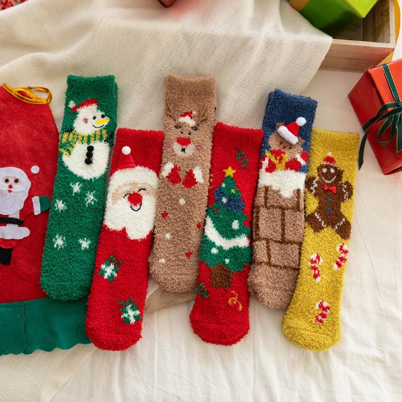 5/10 Pairs Comfortable Casual Autumn Winter Thickened Christmas Socks for Women Home Warm Coral Fleece Socks Cute Cartoon Straight Leg Floor Socks