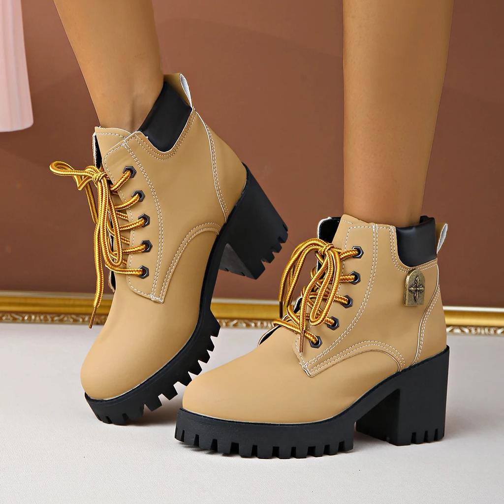 2025 New Winter Women Boots Trend Lace-up Fashion Designer Shoes Casual Comfortable Heels Ankle Boots for Women Zapatos De Mujer