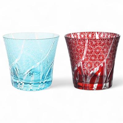 Mizukage Kiriko Pair Glass Cups 240cc Ranbori Komon Aqua Red with Engraved Base Bishou Current Model J-kitchens 94xH85mm &
