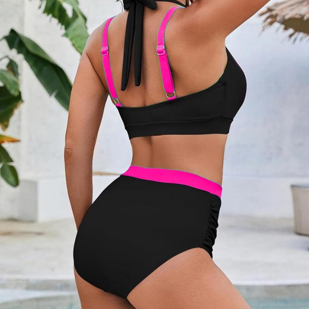 Bikini Sexy de Dos Piezas con Bloques de Color, Escote Halter y Cintura Alta Elegante Traje de Baño para Mujer