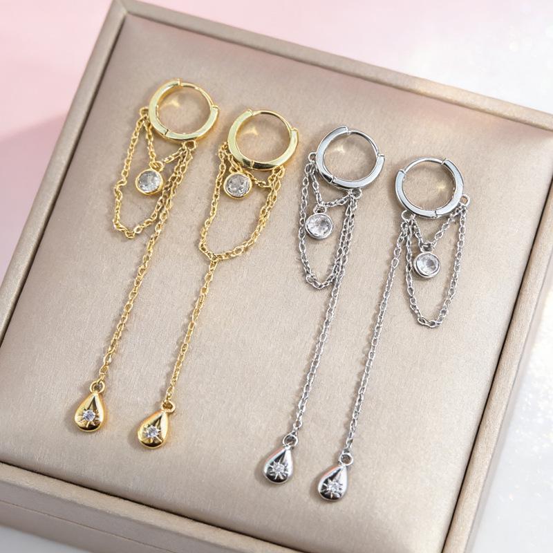 European & American Water Drop Tassel Earrings with Inlaid Zirconium - Korean Style, Trendy and Simple Design for Women