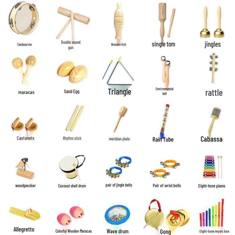 Children's Orff Percussion Instruments: Triangle, Castanets, Maracas, Tambourine, Wood Block, Cymbals