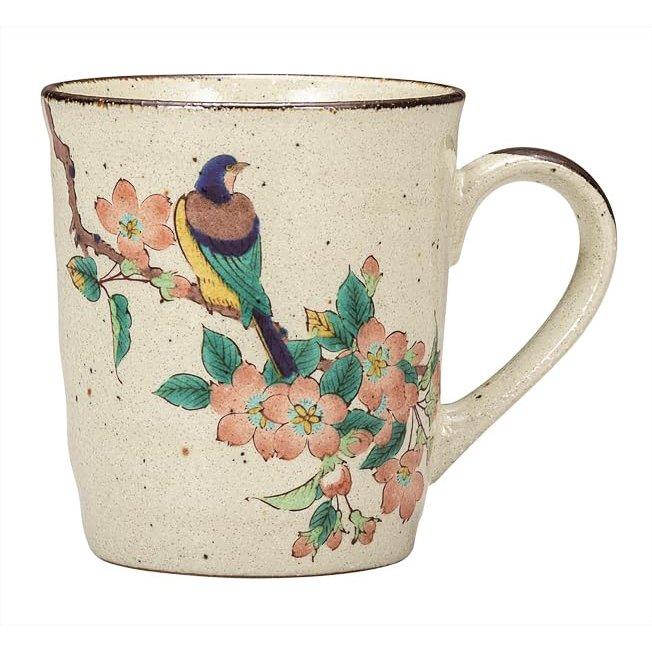 Nakamaru Kutani Ware Mug, Colorful Flower and Bird Design (K9-902), Japanese Porcelain Coffee Mug, Made In Japan