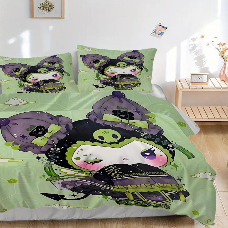 

3pcs Green and Purple Kuromi Bedding Set - Includes Quilt Cover and Pillowcases, Suitable for All Seasons, Machine Washable - Ideal Gift for 135x200cm