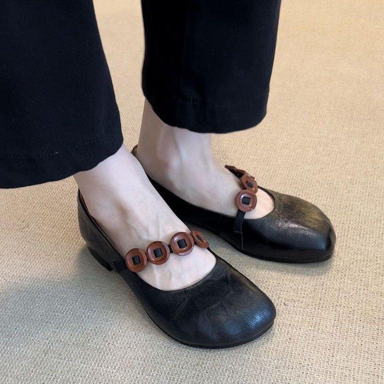 Retro Okrągły Czubek Damskie Buty Mary Jane Miękka Skóra Elastyczny Pasek Wszechstronny Detal z Guzikiem Jesień Miękkie Wygodne Pojedyncze Buty