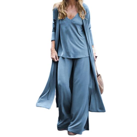 Three-piece Stylish V Neck Top Women Pants Suit Sleeveless Top Casual Solid Color Autumn Suit