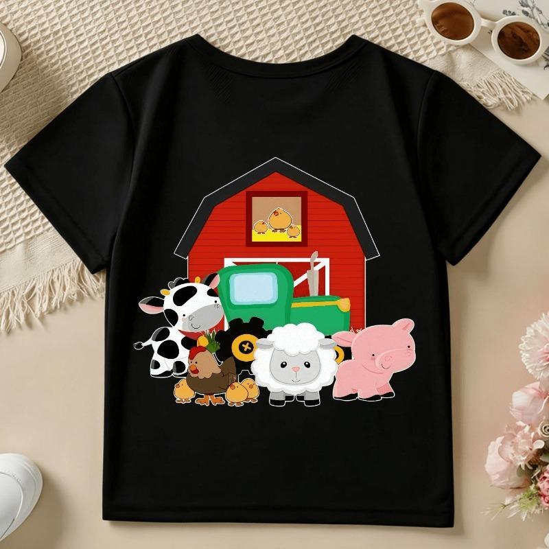 Boys Farm Animals & Tractor Print Crewneck All Season Casual Short Sleeve T-Shirt