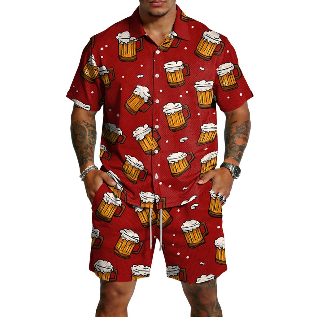 Conjunto Informal de Camisa de Manga Corta y Pantalones Cortos para Hombre con Estampado de Cerveza Ligero de Botones Atuendo de Verano para Actividades al Aire Libre