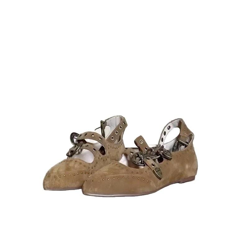 Summer retro rivet high-heeled single shoes women's 2025 new T-shaped one-word buckle with pointed tip Mary Jane thick-heeled women's shoes