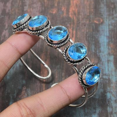 Blue Topaz Gemstone Solid 925 Sterling Silver Handmade Cuff Bangle Adjustable