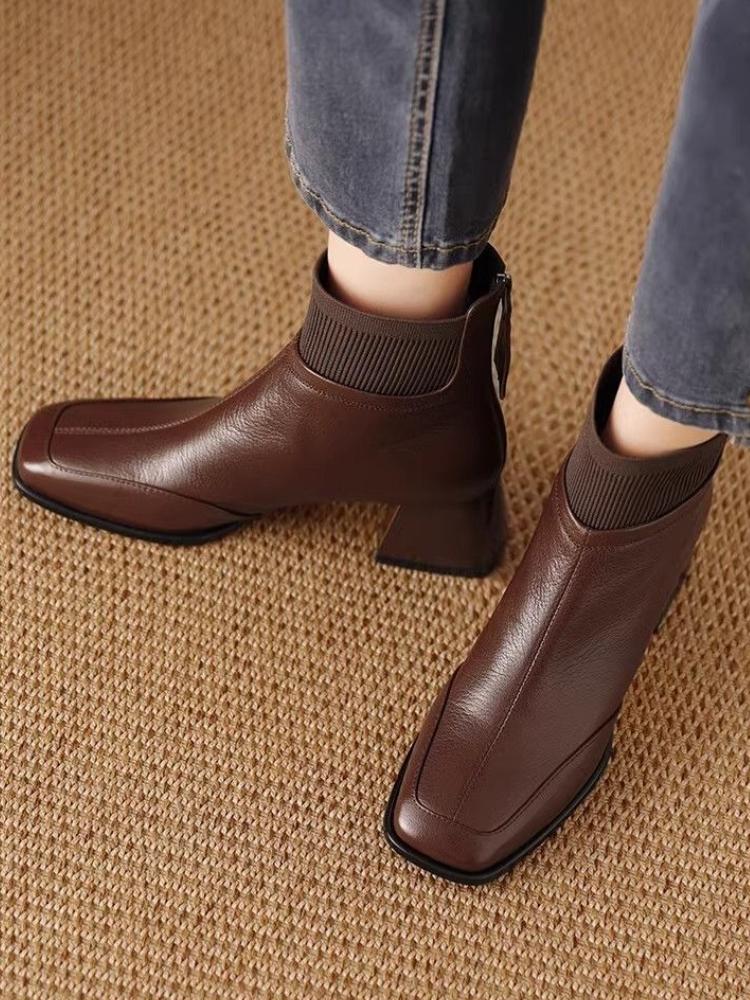 Autumn Winter Fleece-Lined Leather Women's Sock Ankle Boots Square Toe Heeled Booties Y2k High Quality Goth Female Short Shoes