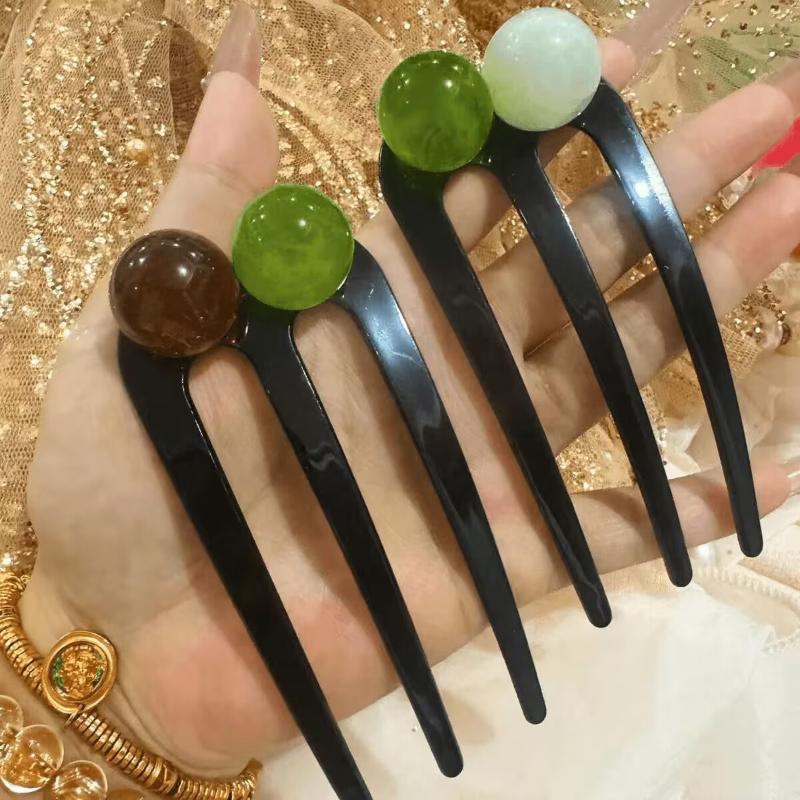 French Twist Pearl Beads Hair Stick Hair Clip Acetate U-Shaped Hairpin Vintage Tortoise Shell Women Hair Bun Pin Headwear