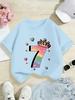 Settimo Compleanno Numero Sette Arcobaleno Con Corona Cuori Stelle Stampa Grafica Maglietta Manica Corta Bambini Tema Compleanno Girocollo Casual A