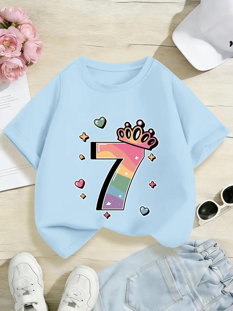 Settimo Compleanno Numero Sette Arcobaleno Con Corona Cuori Stelle Stampa Grafica Maglietta Manica Corta Bambini Tema Compleanno Girocollo Casual A