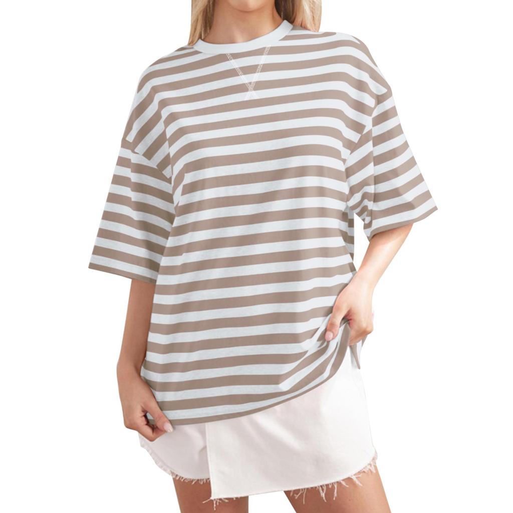Women's Large Striped Color Blocking Short Sleeved Round Neck Sports Shirt Casual Loose Pullover Top