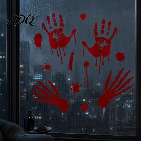 Long-lasting Window Sticker Halloween Blood Handprints/Footprints Wall Stickers Removable Decals Spooky Waterproof Scratch-resistant Decal