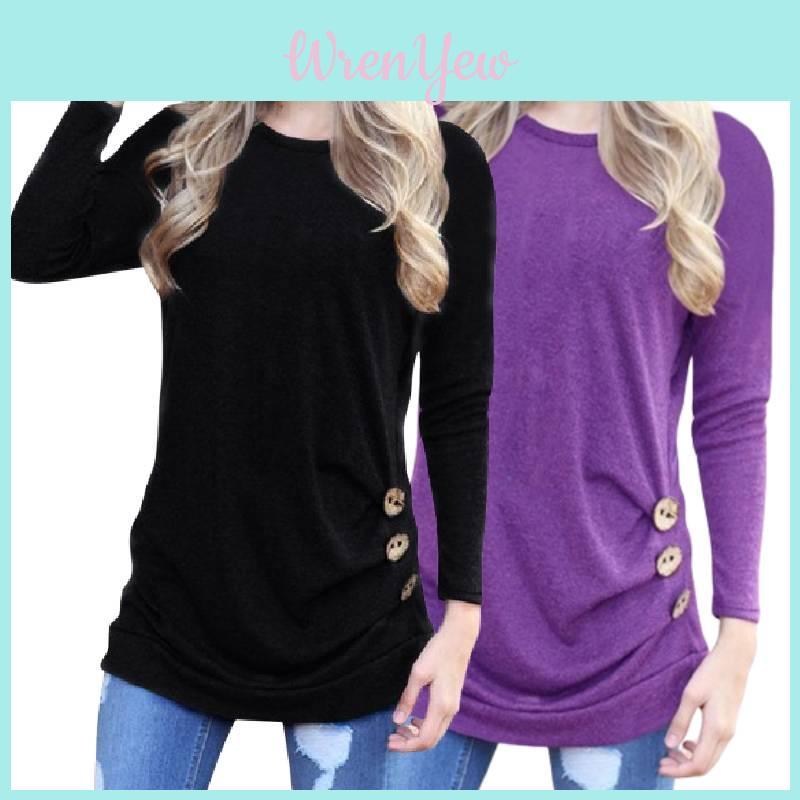 Stylish Long-sleeve Button Detail T-shirt For Women In Various Colors And Sizes