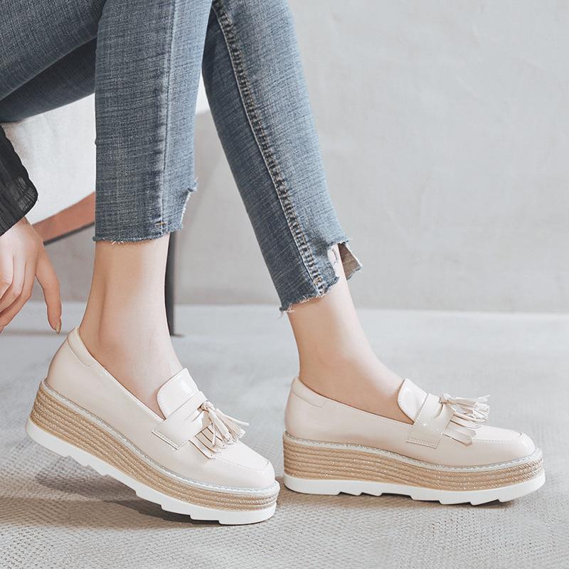 

2025 Versatile Tassel Thick-soled Muffin Single Shoes British Style One-pedal Inner Height Round Head Small Shoes HZB-007-30 34 абрикосовий