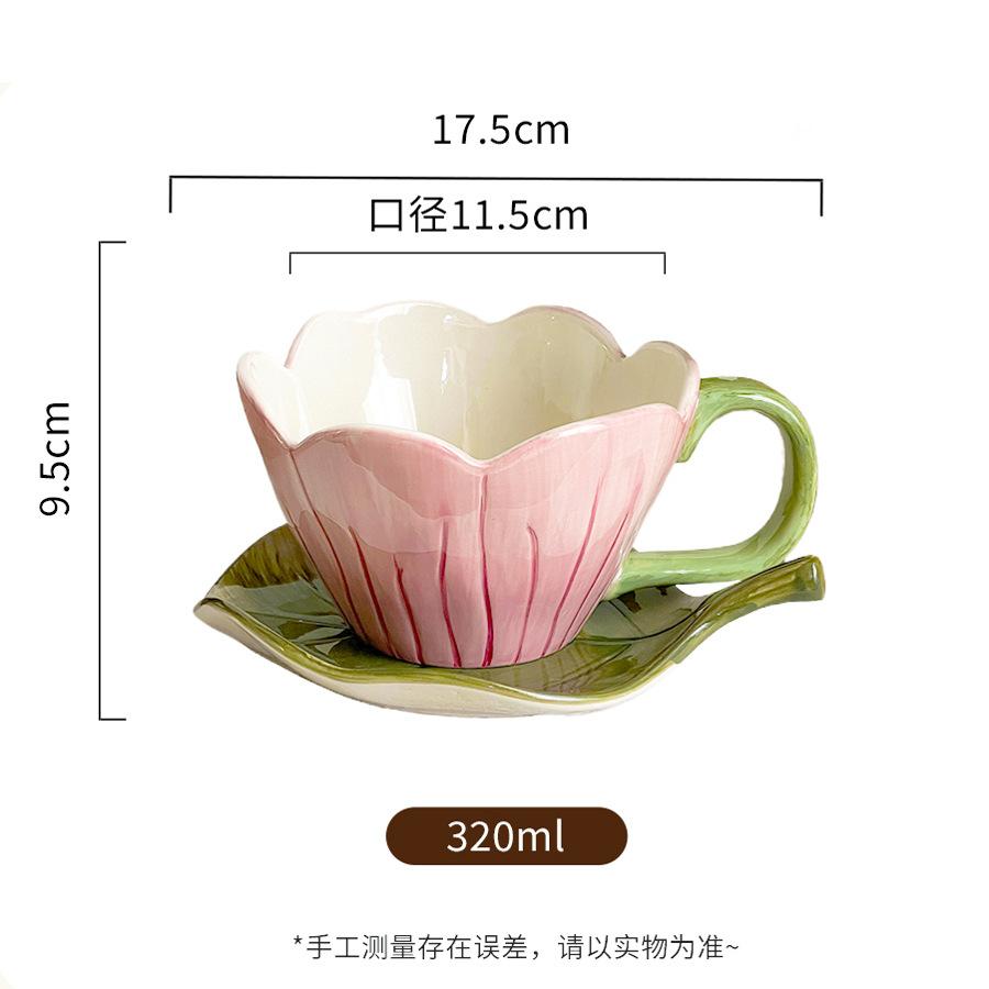 Creative Hand-Painted Tulip Flower Leaf Shape Ceramic Coffee Cup Saucer Personalized Afternoon Tea Latte Cup Saucer Gift