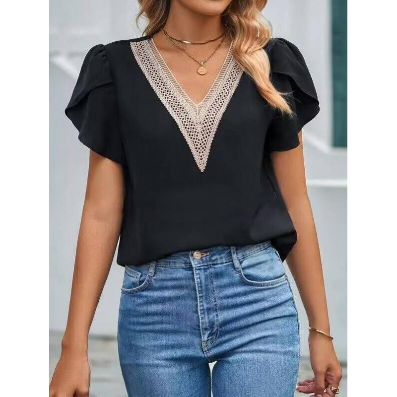 Tricou de vară pentru damă din dantelă aurie cu decolteu în V cu mâneci petale de culoare uni Tricou Topuri