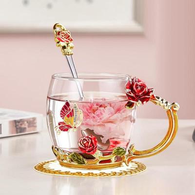 Glass Coffee Enamels Mug with Steel Spoon ,Best Birthday Valentines Gifts for Women,Enamel Flower Lead-free Glass Coffee Mugs Tea Cup