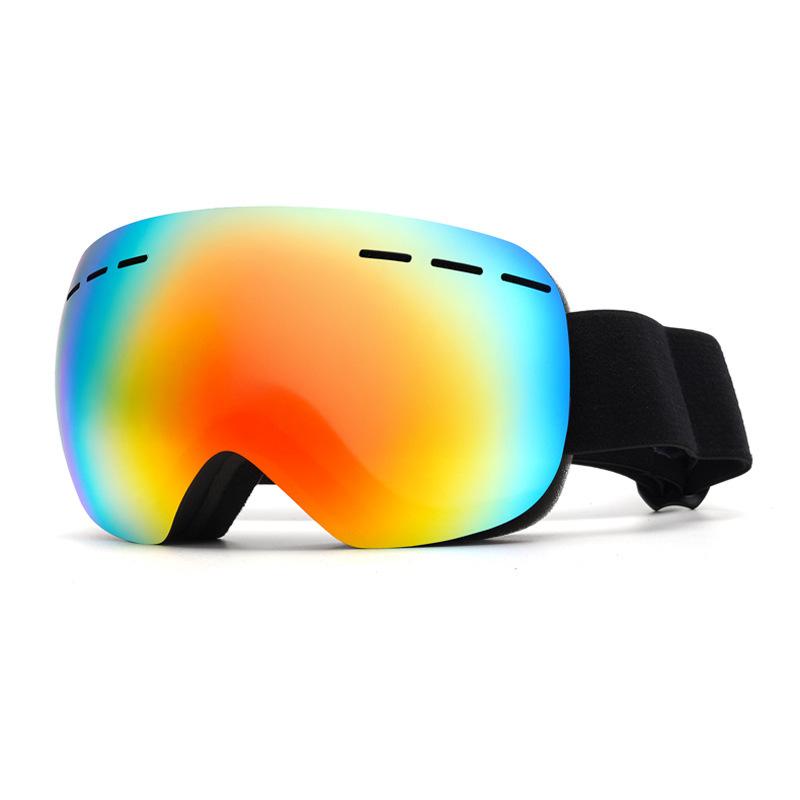 Fashionable spherical ski goggles with double-layer anti-fog, high-definition, wide-view outdoor ski windproof goggles Black frame with red lens