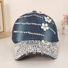 Cap with Full Diamond-shaped Curved Sequin Strips and Flower Pattern, Denim Baseball Cap, for Shopping and Taking Photos