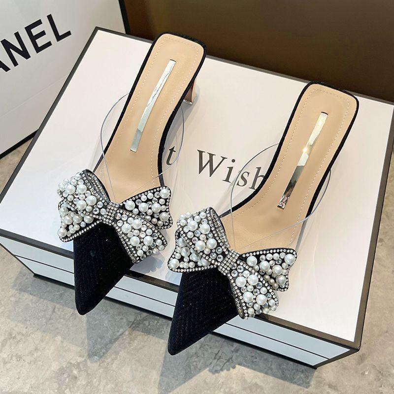 2025 Summer New Shoes Slippers Women's Xia Liang Bag Head Medium Heel Thick Heel Shoes Half Slippers Wear Pointed Single Shoes Drag