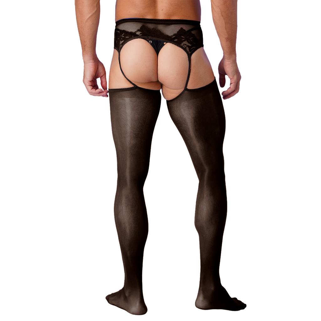 Mens Crotchless Pantyhose Floral Lace Design Open Leggings One Piece Garter Stockings Club Wear