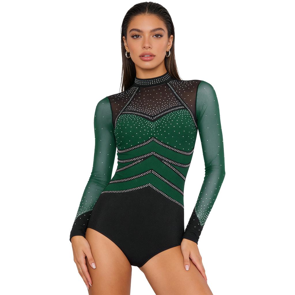 S-XXL Damen Performance Bodysuit: Rhinestone-Netz-Langarm mit Rückenausschnitt & Druckknöpfen im Schritt für Gymnastik, Eiskunstlauf