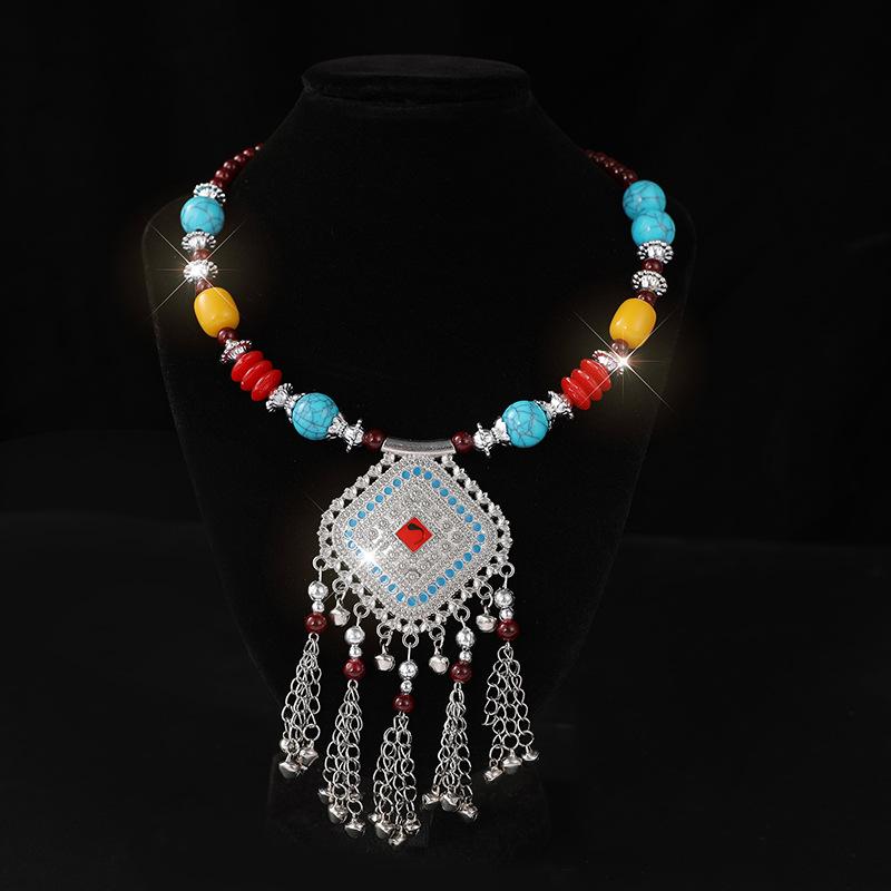 Retro Yunnan Ethnic Style Collar Women's Handmade Imitation Miao Silver Beaded Exaggerated Necklace Set Chain Stall Necklace