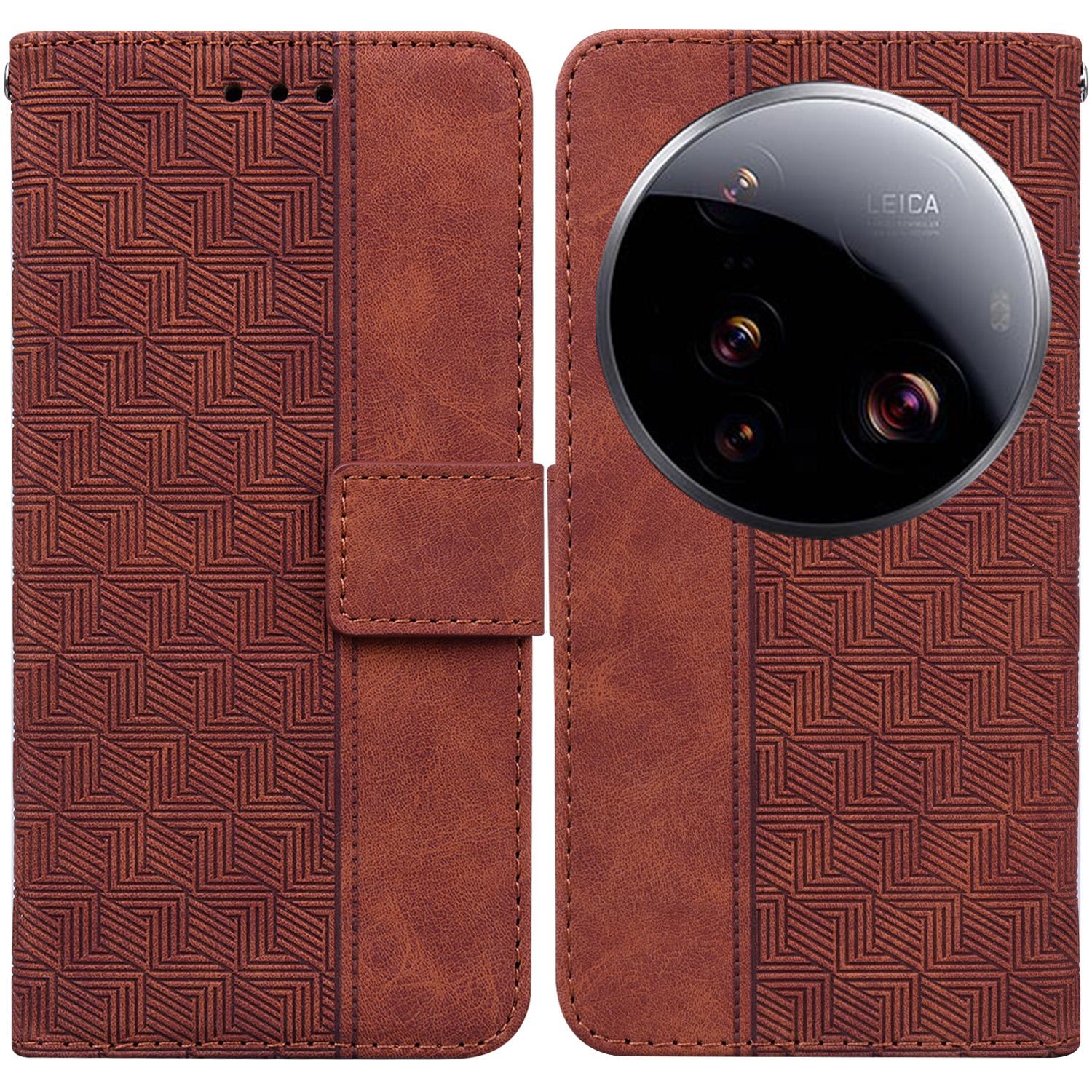 

For Xiaomi 15 Ultra Case Geometry Pattern Leather Wallet Phone Cover with Wrist Strap Brown