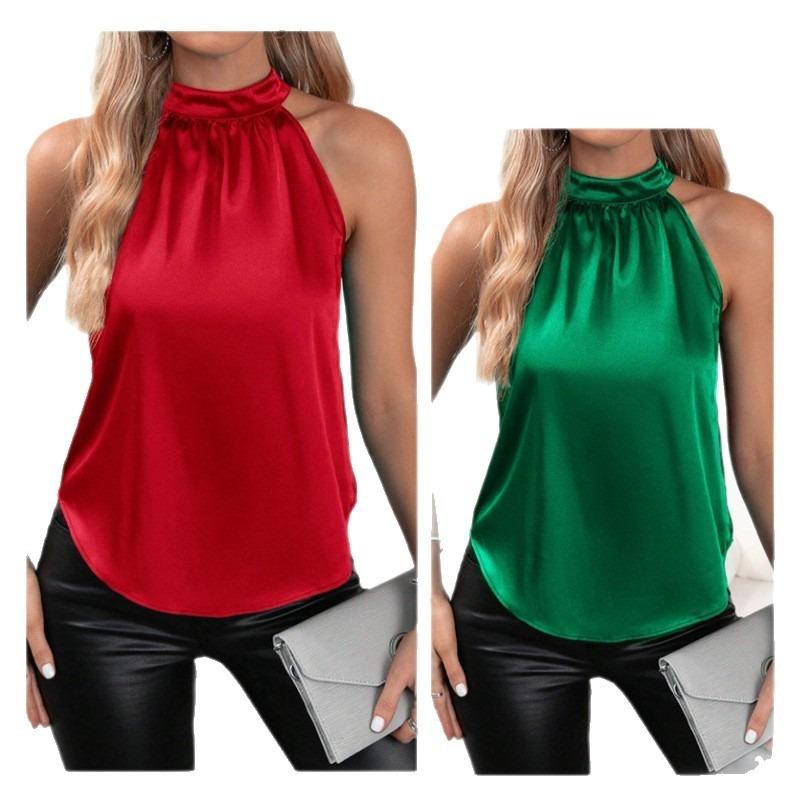 Women Solid Satin Halter Sleeveless Off Shoulder Casual Top