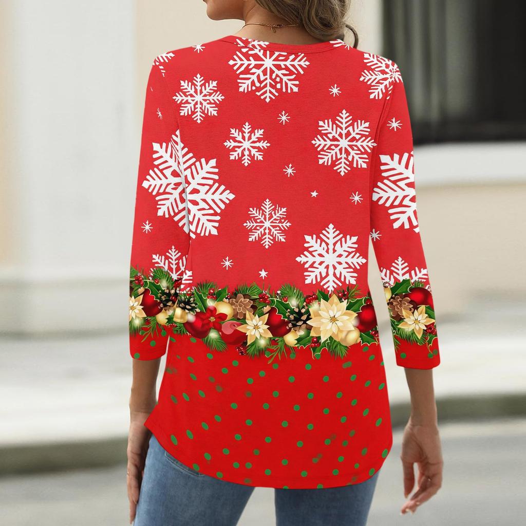 Women's Fashion Casual Christmas Print Neck 3/4 Sleeve T-Shirt Top