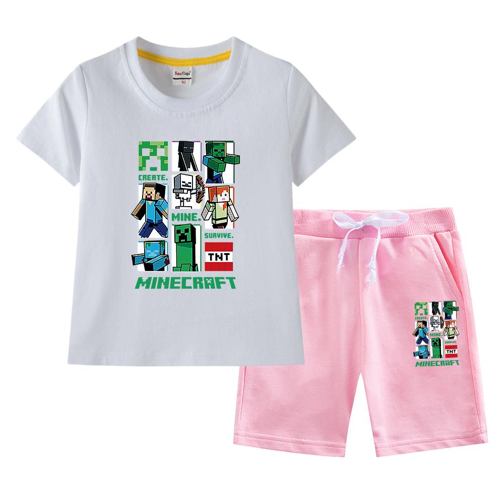 Minecraft Kids' Summer Outfit: Pure Cotton Short Sleeve T-Shirt & Shorts Set for Boys & Girls