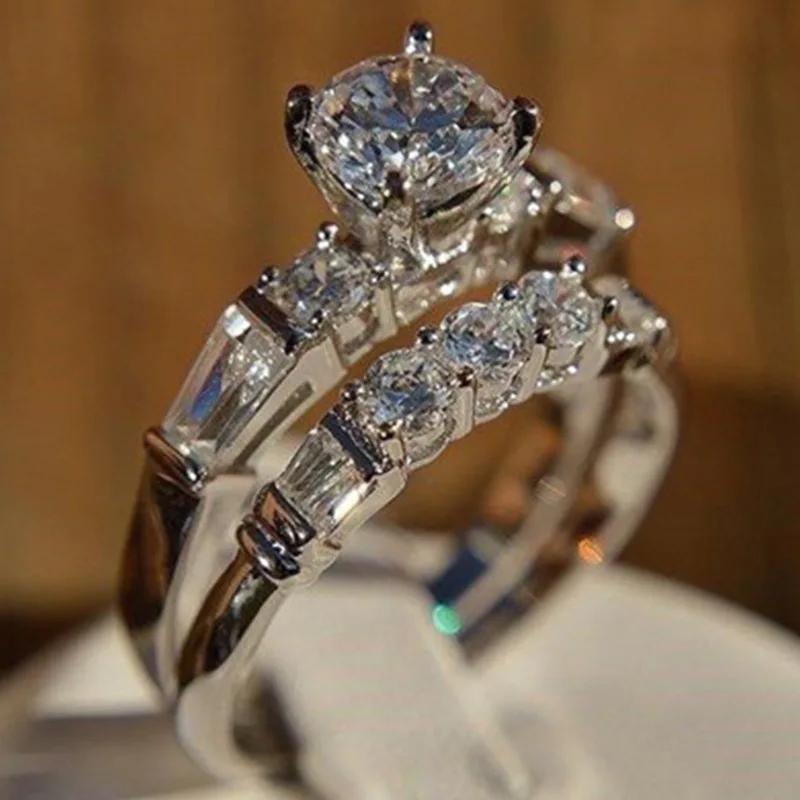 2 PCS/Set Series ! Trendy Milangirl White Crystal Round Ring Set For Women Girls Wedding Engagement Party Fashion