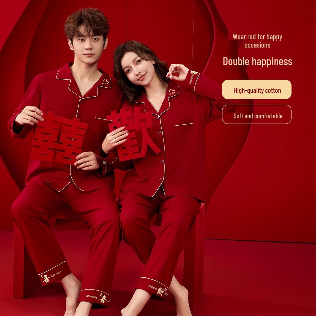 Joyful Together: Romantic Red Cotton Couple Pajamas - Wedding Festive, Comfortable and Long-Lasting.