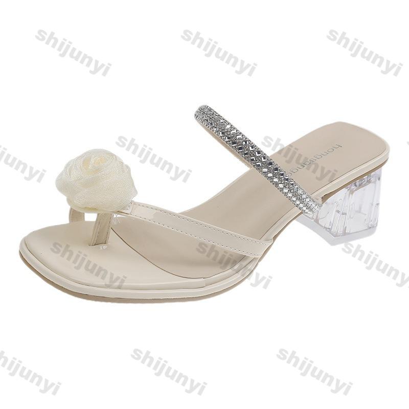 Módní dámské robustní podpatky 2025 Léto Nové Módní Květinové Kamínkové Boty Pohodlné Pantofle Elegantní Střední Podpatek Slingback Sandály